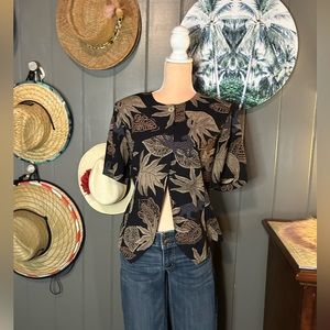Vintage Kathy Che Black Buttonup w/ Safari Floral Short Sleeve Blouse Large